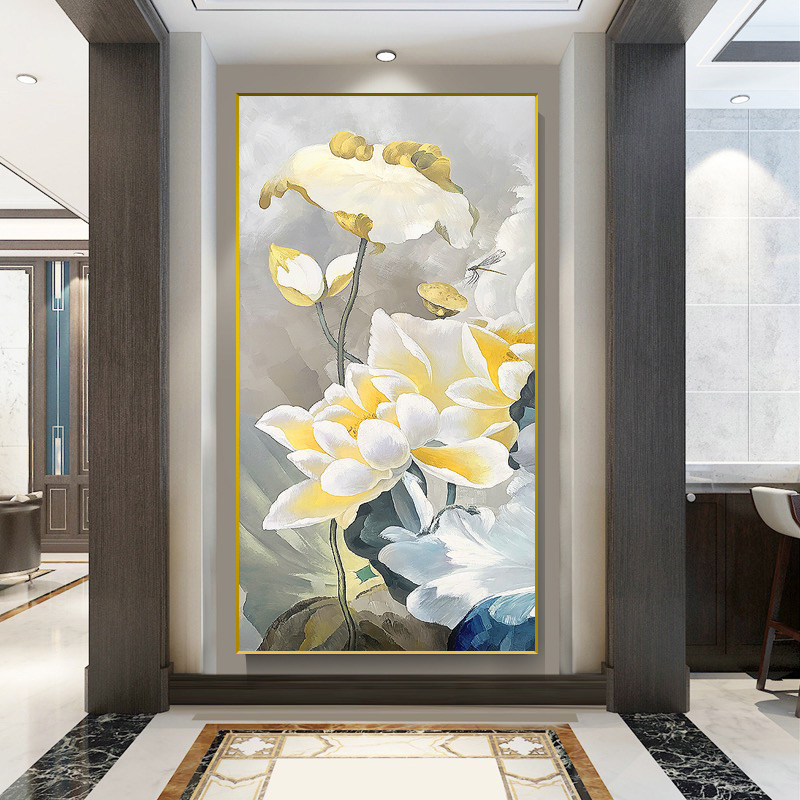 深圳大芬油画村旗舰店玄关画清仓轻奢风手绘荷花入户门正对门挂画