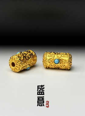 古法24K工艺黄金色925六字箴言镶绿松桶珠顶珠锁骨链文玩手串配饰