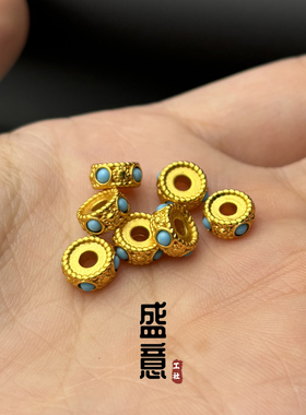 古法24K工艺黄金色925镶嵌松石卡环隔珠文玩手串diy配珠配饰隔片
