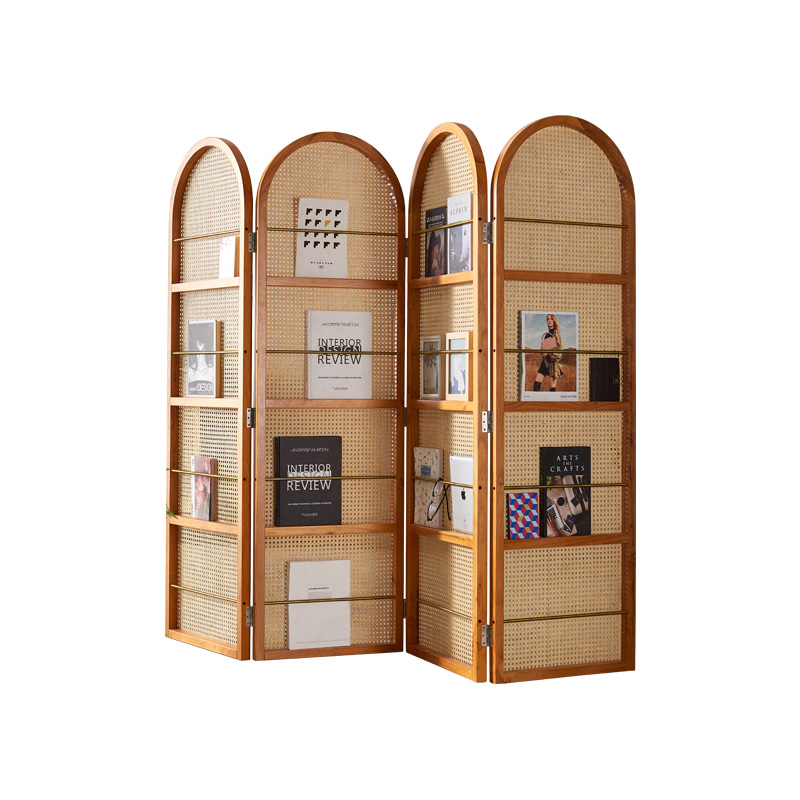 实木藤编屏风隔断墙复古文艺杂志书架遮挡小户型客厅入户简约座屏 - 图3