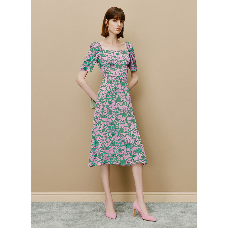 LK BENNETT紫色方领连衣裙女新款夏季收腰显瘦气质印花茶歇裙,淘宝优惠券,粉丝福利购,淘宝优惠卷