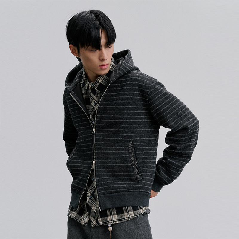 CATSSTAC gray striped wool plus velvet hooded cardigan sweatshirt for men, soft and skin-friendly, loose jacket