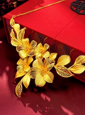 新中式仿真黄金烂漫桃花项链女款