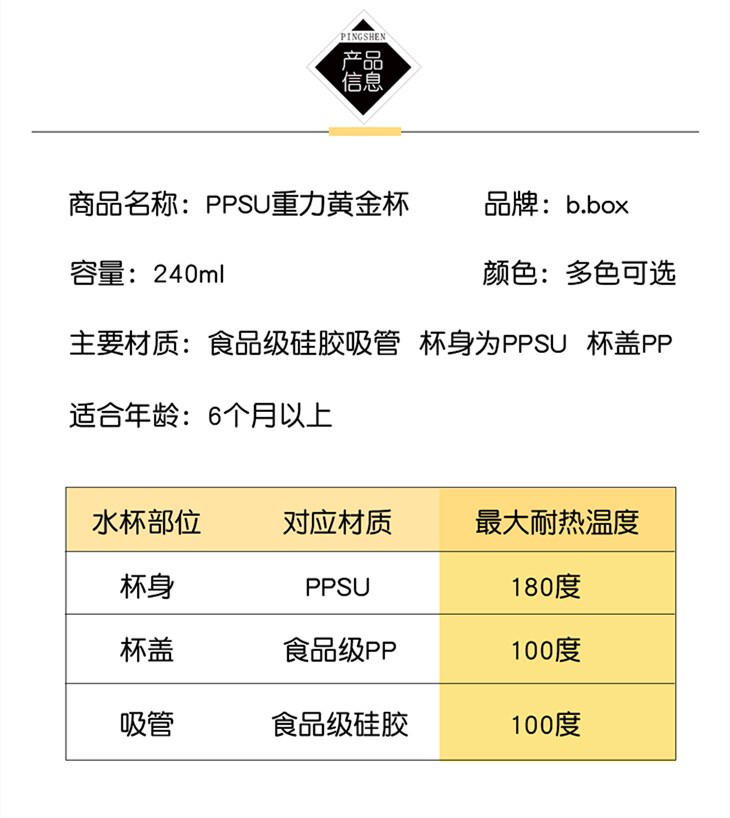 b.box吸管杯PPSU黄金水杯宝宝重力球学饮吸管杯婴儿童学饮杯奶瓶