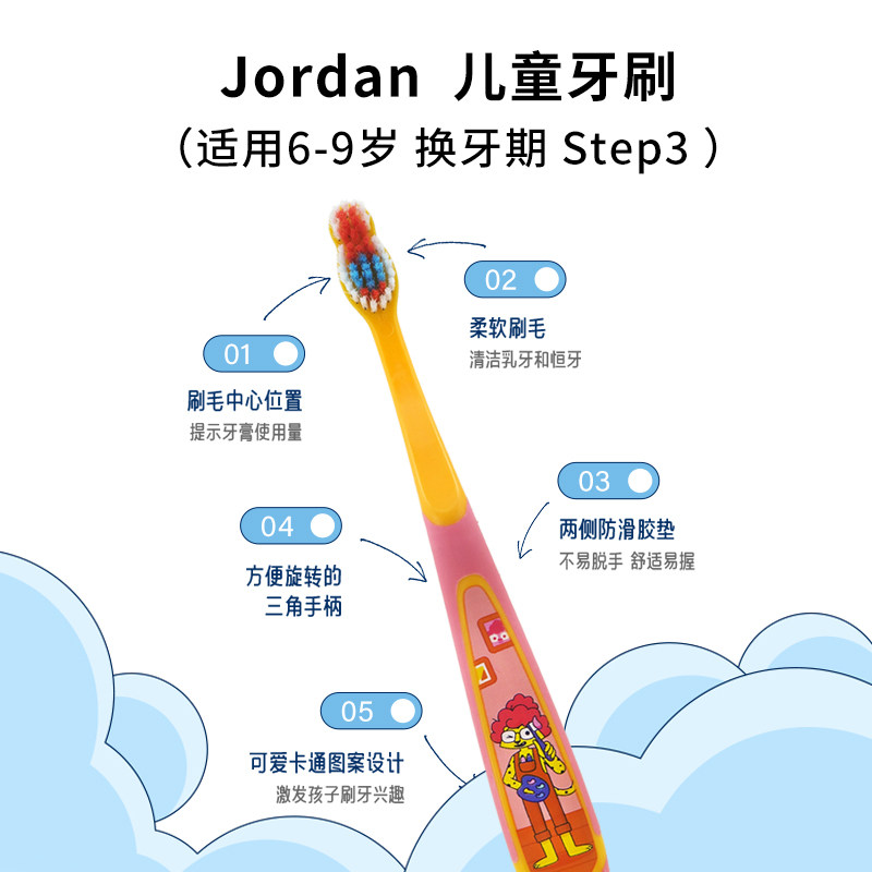 挪威jordan婴幼儿童宝宝指套训练护齿乳牙刷软毛6-9岁3段双支