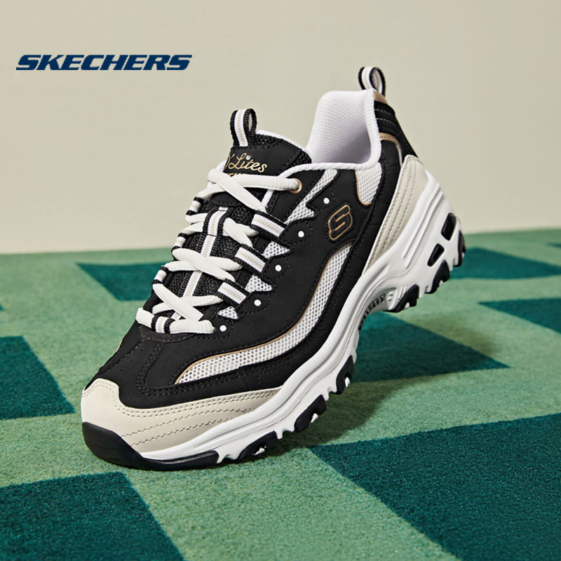 Skechers斯凯奇女鞋黑白金熊猫鞋春季款透气老爹鞋厚底网面运动鞋 - 图3