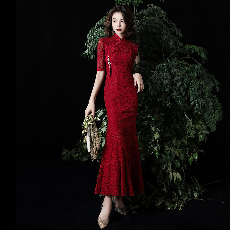 新娘酒红色秋季2020新款长款敬酒服 千蒂缇旗袍