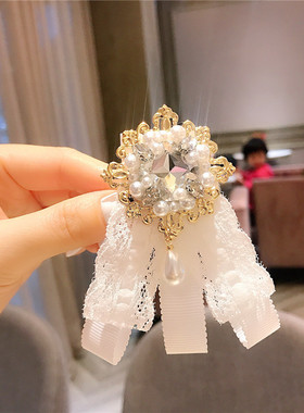小香风高档珍珠胸针蕾丝飘带领花