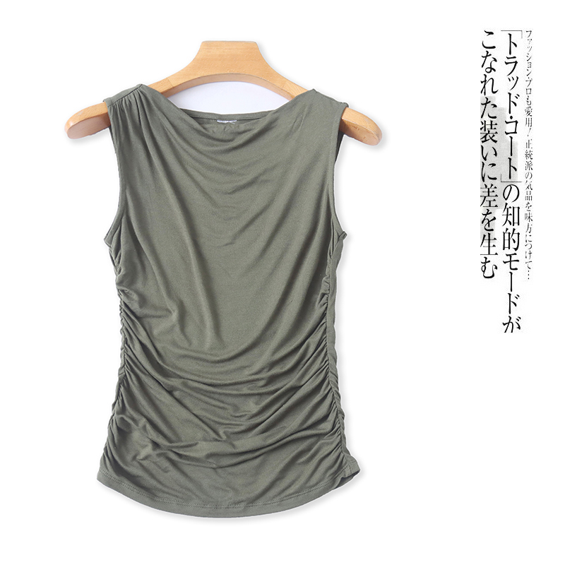 人棉无袖T恤  夏季新款外贸女装简约修身一字领套头褶皱拼接30446