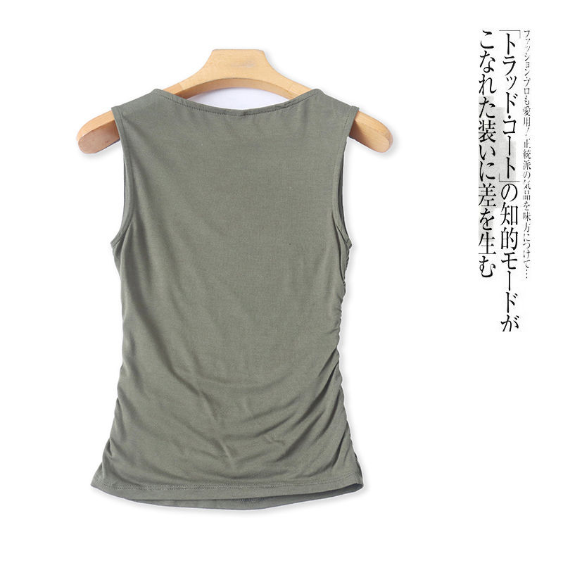 人棉无袖T恤  夏季新款外贸女装简约修身一字领套头褶皱拼接30446