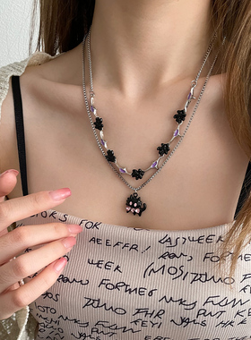 双层猫咪拼接花朵小众轻奢项链女