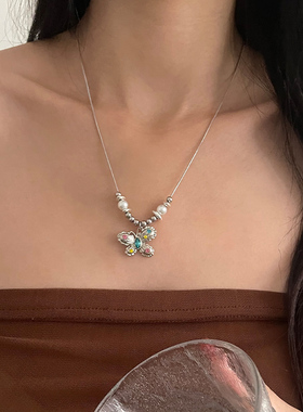小众蝴蝶珍珠项链高级感女毛衣链
