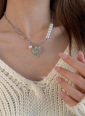 合金钛钢女拼接款爱心珍珠