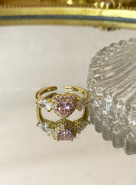 开口可调节粉色爱心翅膀戒指女
