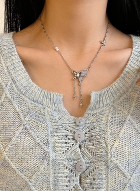 灰色蝴蝶流苏精致项链小众设计女