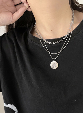 oukechun钛钢多层叠戴女吊坠项链