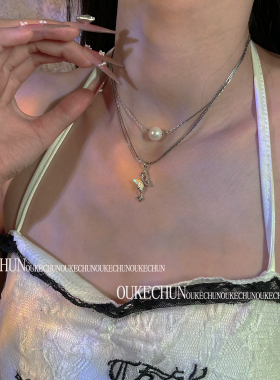 y2k辣妹多层蝴蝶珍珠吊坠项链女