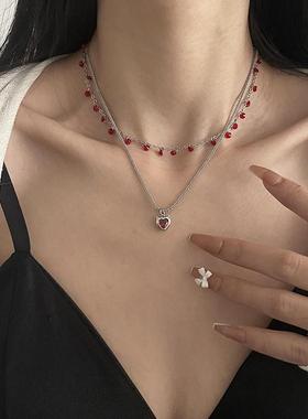 高级感波光粼粼爱心红色钻项链女