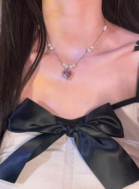 甜酷y2k辣妹粉色爱心珍珠项链