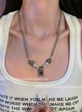 骰子拼接珍珠黑桃吊坠项链男女