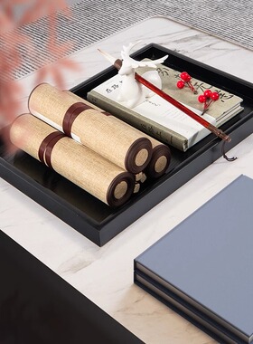 新中式卷轴书卷假书托盘套装组合摆件茶室茶楼茶几样板间软装饰品