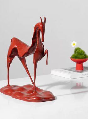 新中式大红色抽象马摆设将军马摆件高级感禅意茶室书房软装饰品