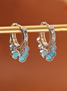轻奢蓝色松石锆石耳环高级感时尚清新甜美气质耳饰优雅复古风饰品