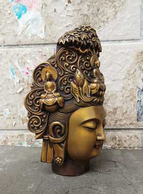 仿古纯铜观音菩萨佛首禅意摆件大号观自在佛头玄关客厅酒柜装饰品