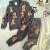 Мультяшная утепленная комфортная мягкая пижама подходит для мужчин и женщин для девочек, осенний демисезонный комплект, с медвежатами