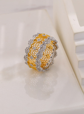 纯银镂空蕾丝戒指女精黑金