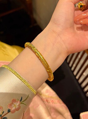 仿真金古法沙金篆刻牡丹花开口手镯女高级感手环送礼仿真金镯子