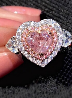 戒指女小众设计爱心粉色莫桑石