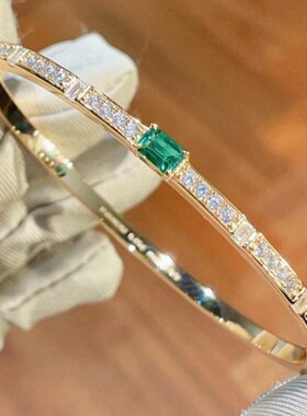 925银镀金复古祖母绿手镯 小众设计时尚高级感简约手饰