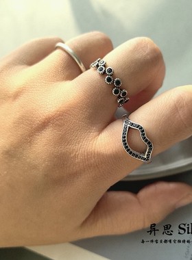 韩国 S925通体纯银镶嵌黑钻波浪无名指中指开口戒指 小众个性甜酷