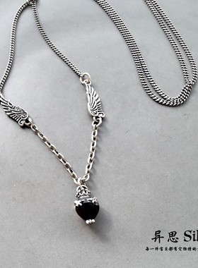 韩国S925纯银翅膀皇冠爱心黑钻中长项链 复古做旧 60cm 小众休闲