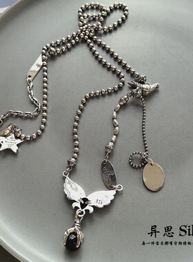 韩国 S925纯银老鹰鹰爪黑钻鸽子圆珠长项链 复古毛衣链 小众重工