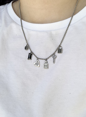 韩国定制 S925纯银香水瓶钥匙锁头黑钻项链 2mm圆珠复古小众个性