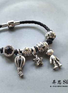 S925纯银黑色皮绳机器人五角星花朵手链 diy小众复古个性
