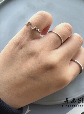 S925通体纯银波浪小指尾戒 心跳无名指开口戒指 时尚素银百搭极简