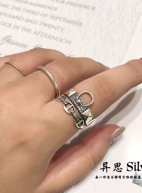 韩国东大门 S925纯银 双层镶钻猪鼻环大气戒指 有质感小众开口戒