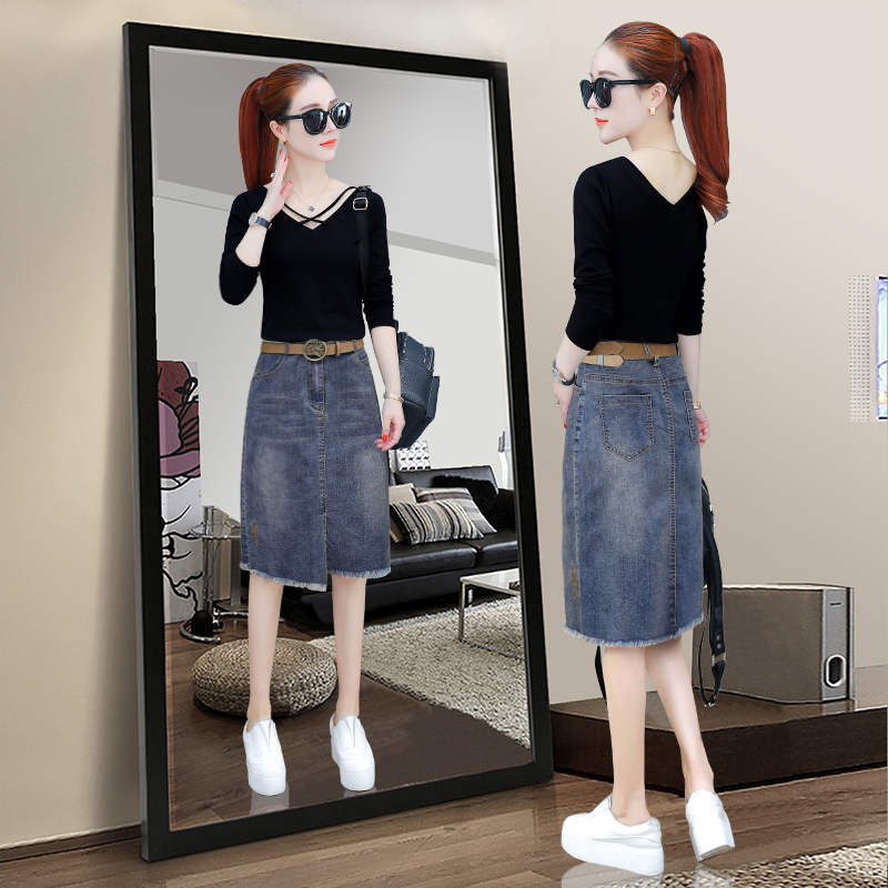 卡貂尼旗舰店牛仔裙女新款夏季包臀裙中长款裙子过膝不规则牛仔半身裙套装0