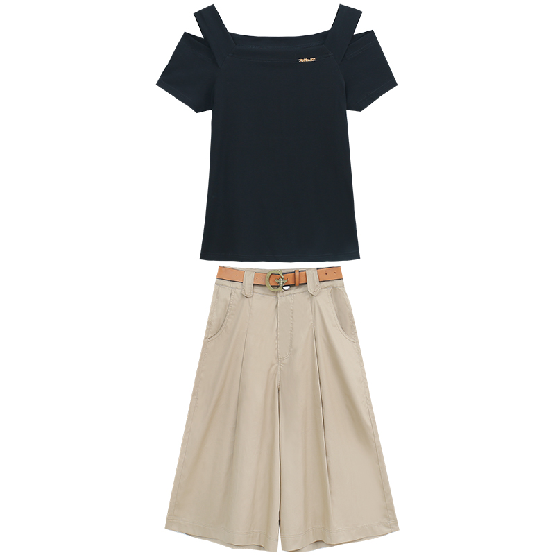 卡貂尼旗舰店阔腿裤女中裤牛仔宽松五分裙裤卡其色夏薄款新款七分时尚套装3