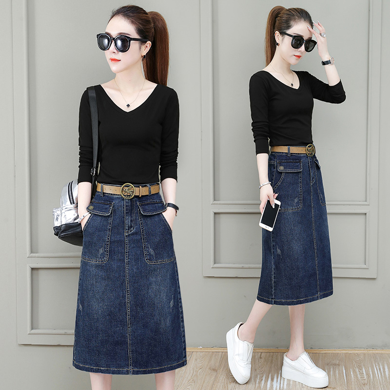 卡貂尼旗舰店牛仔裙半身裙女春款中长款高腰a字2022年新款春秋深蓝色开叉长裙0