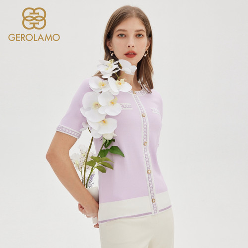 GEROLAMO新款法式小香风舒适通勤简约圆领T恤针织短袖上衣女-图1