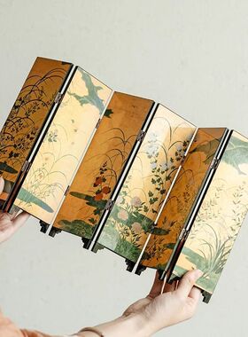 茶空间茶桌双面小屏风摆件仿古复古茶台漆器摆件茶道配件带礼盒