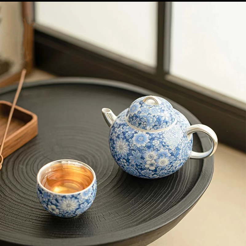 中式青花珐琅彩鎏银茶壶复古家用泡茶壶功夫茶具陶瓷茶壶带过滤