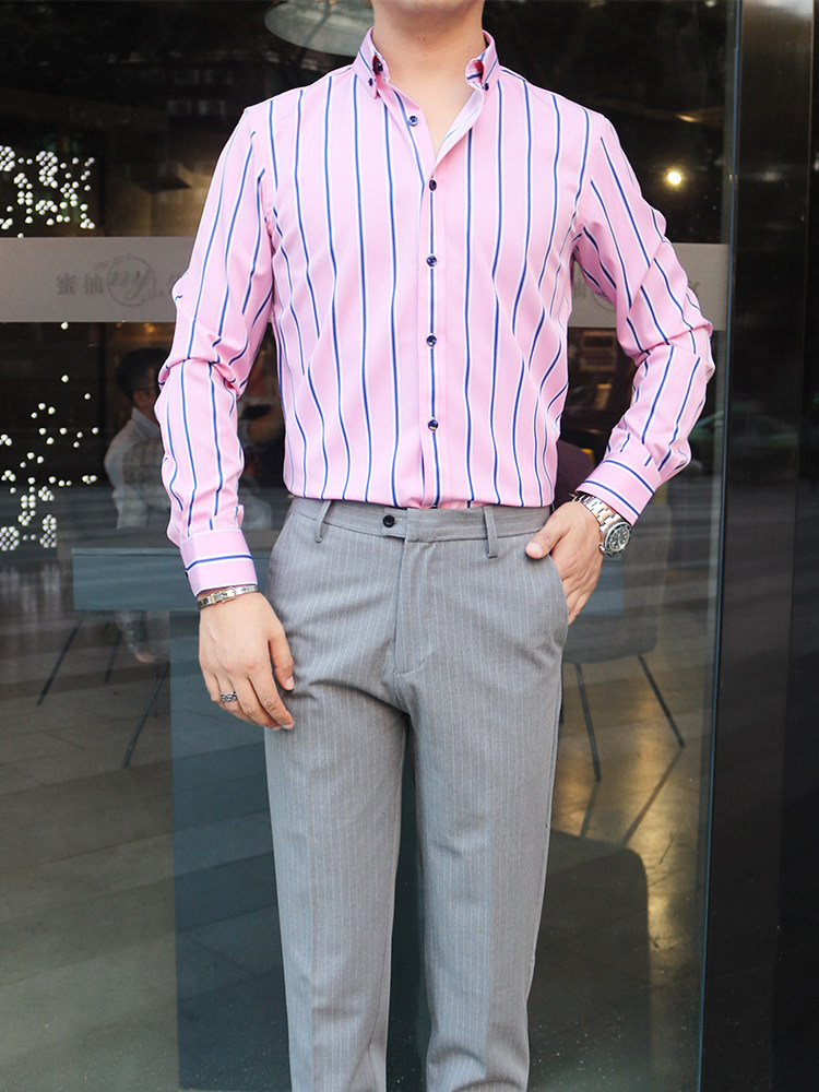 睿仕先生新款长袖条纹衬衫轻奢商务绅士垂感蓝黑粉红职场高管衬衣_虎窝淘