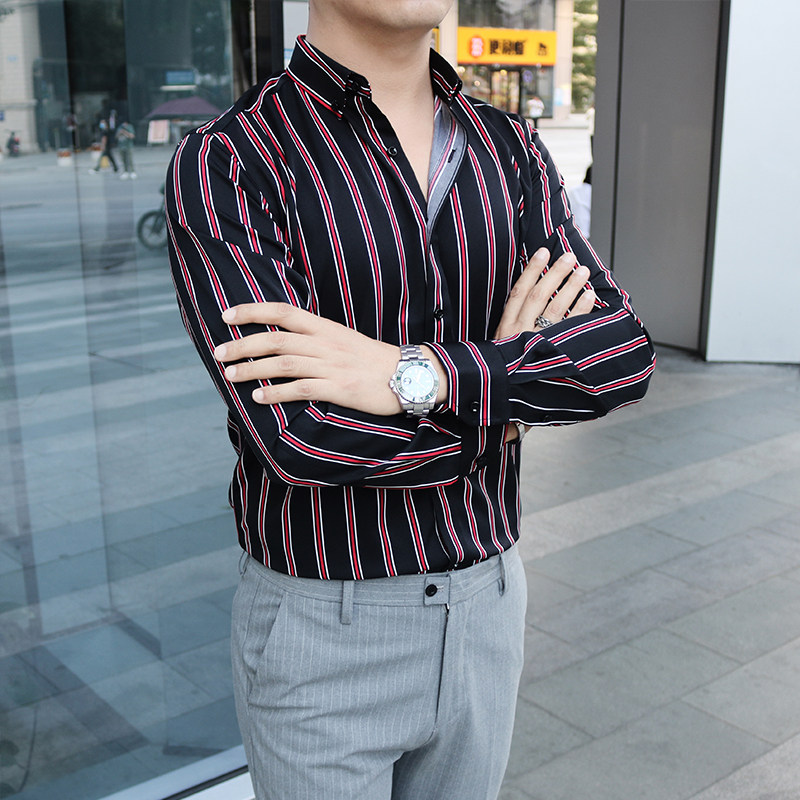 睿仕先生新款长袖条纹衬衫轻奢商务绅士垂感蓝黑粉红职场高管衬衣_虎窝淘