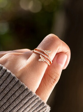 S925纯银满钻双蝴蝶食指戒