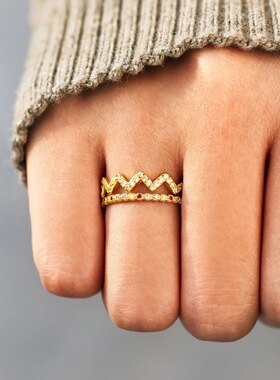 S925纯银彩钻皇冠镶钻戒指女士